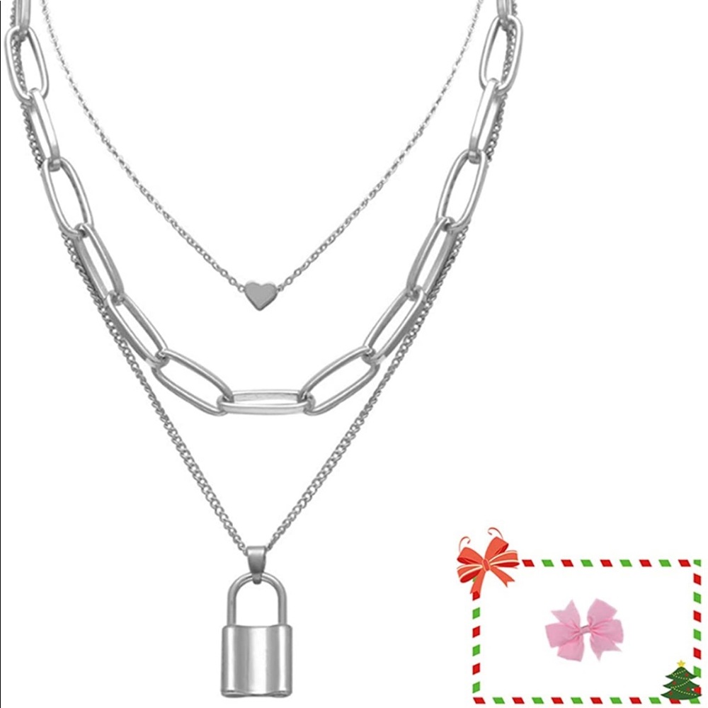 Layered Necklaces for Women Silver Lock Pendant